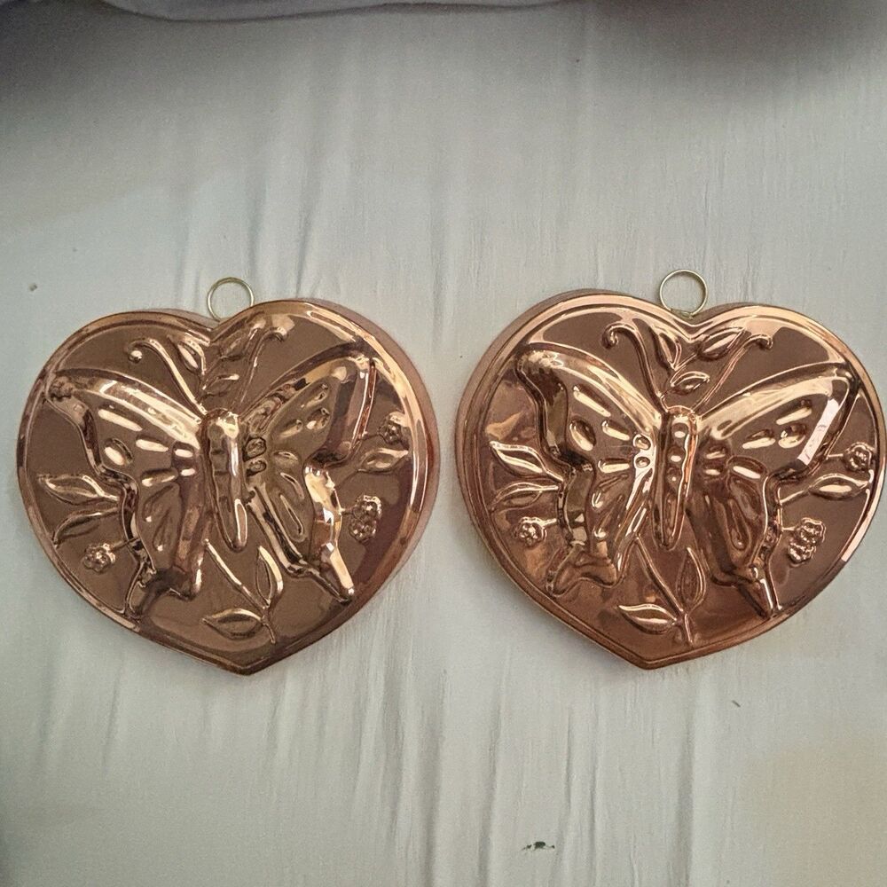 Vintage Pair Copper Butterfly Heart Wall Plaques Made in Korea Farmhouse Decor